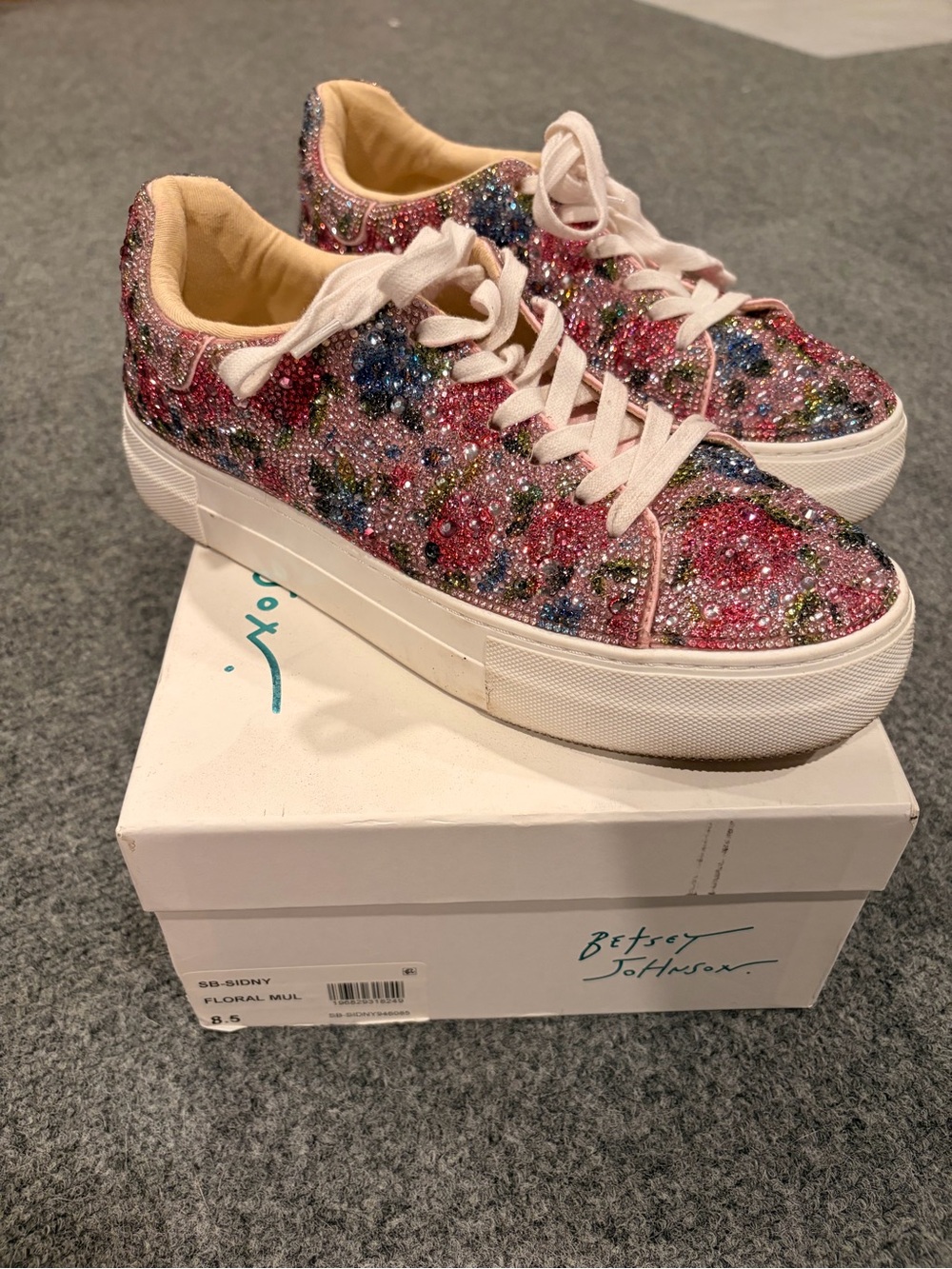 Betsey Johnson Pink Multicolor Crystal Floral Platform Sneakers